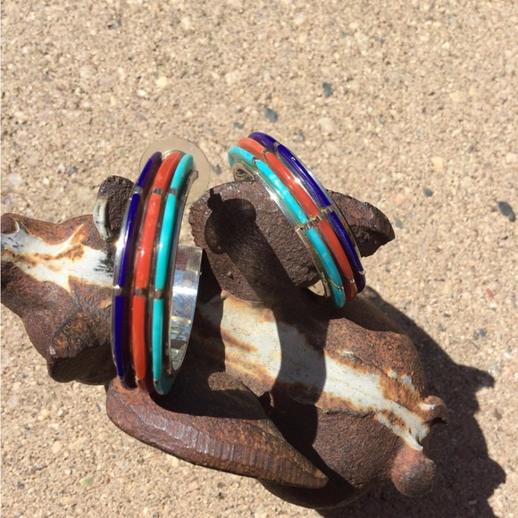 Vintage Native American - Turquoise, Coral & Lapis - Hoop Earrings - Picture 7 of 16